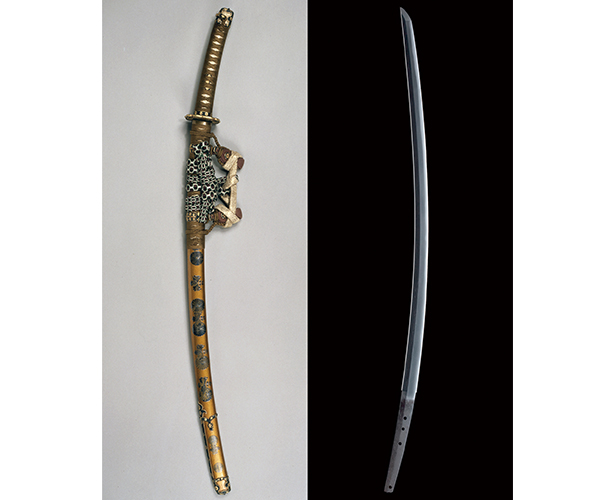 Tachi Sword, Signature: Kanenaga - Itomaki-no-Tachi Sword Mounting with Gold Lacquerwork Chrysanthemum & Paulownia Crests on the Scabbard